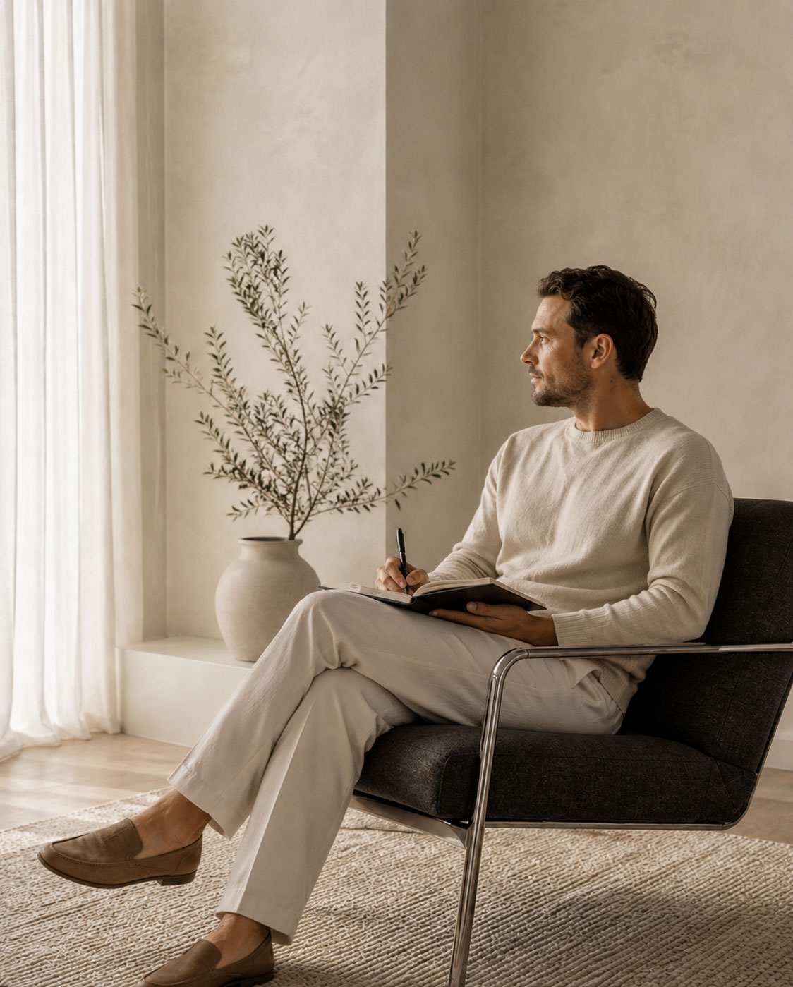 Professional man reflecting with a notebook in a calm modern interior